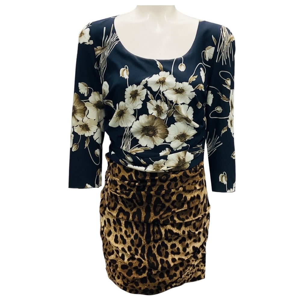 DOLCE & GABBANA BLACK MULTI FLORAL AND LEOPARD PRINT SILK MINI DRESS
